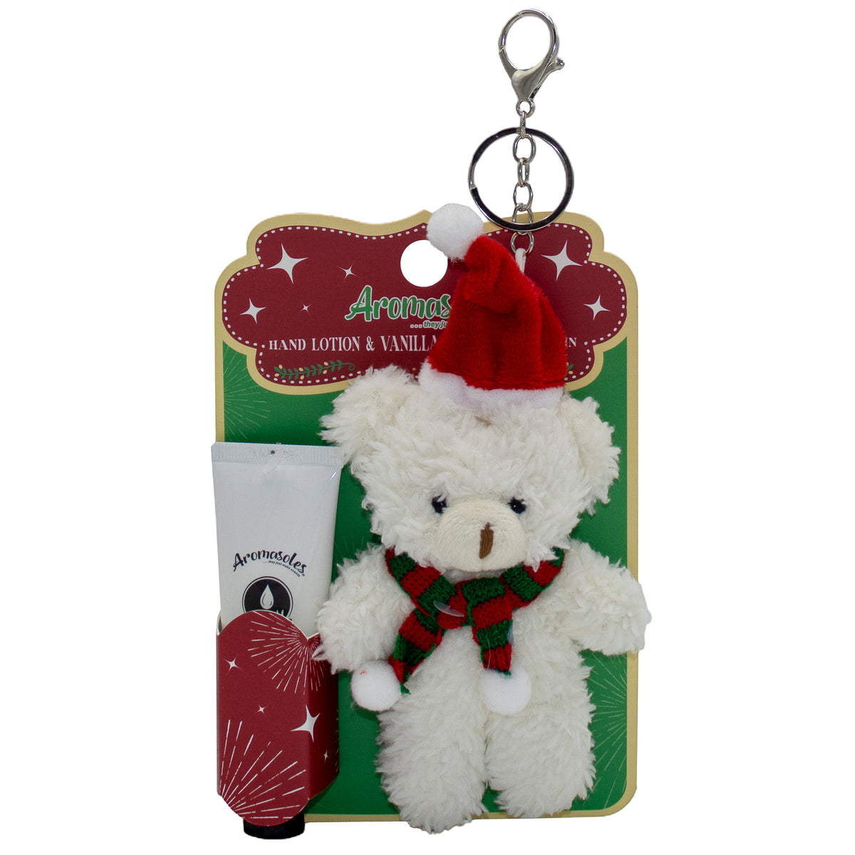 Aromasoles Pocket Pals Hand Cream & Scented Plush Keychain Gift Set, Holiday Bear – Vanilla Infused, Stocking Stuffer for Women