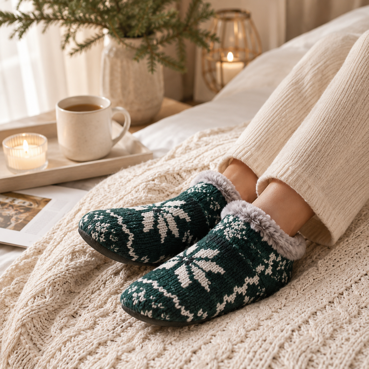 Pashmina -like fur lined slippers - Jade Neroli infused