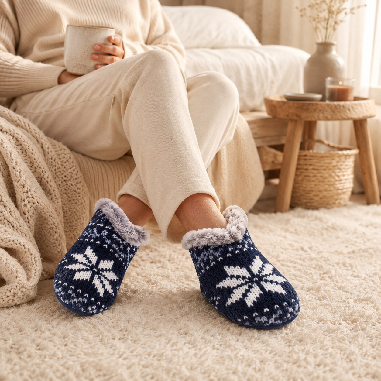 Pashmina -like fur lined slippers - Navy