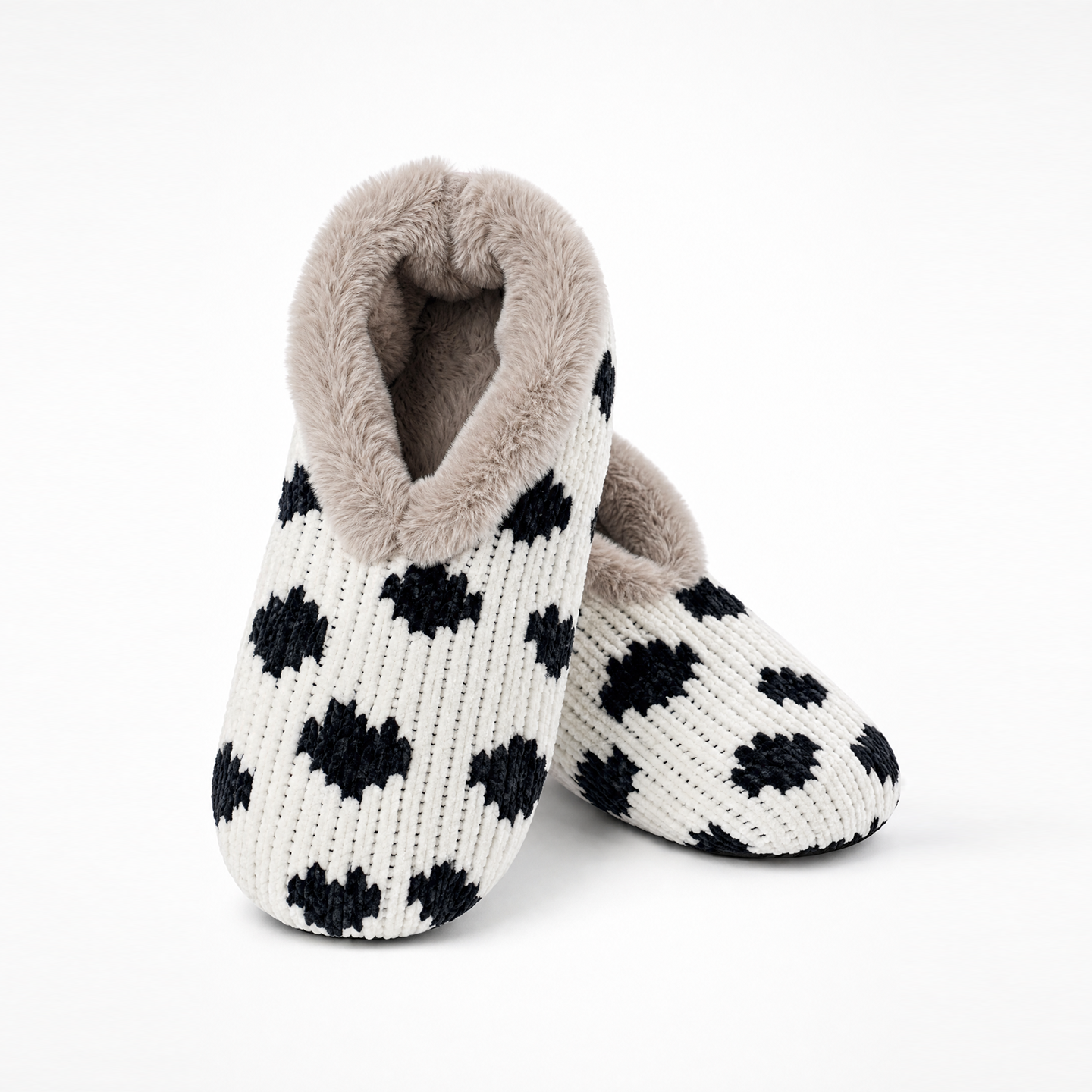 Pashmina -like fur lined slippers - Neroli & Shea Butter Infused w scented plush keychain - Black / wht