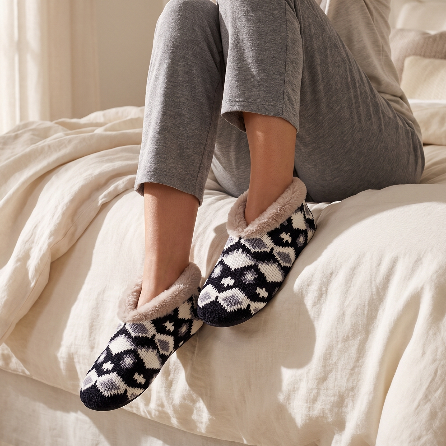 Pashmina -like fur lined slippers - Neroli & Shea Butter Infused w scented plush keychain - slate / Grey