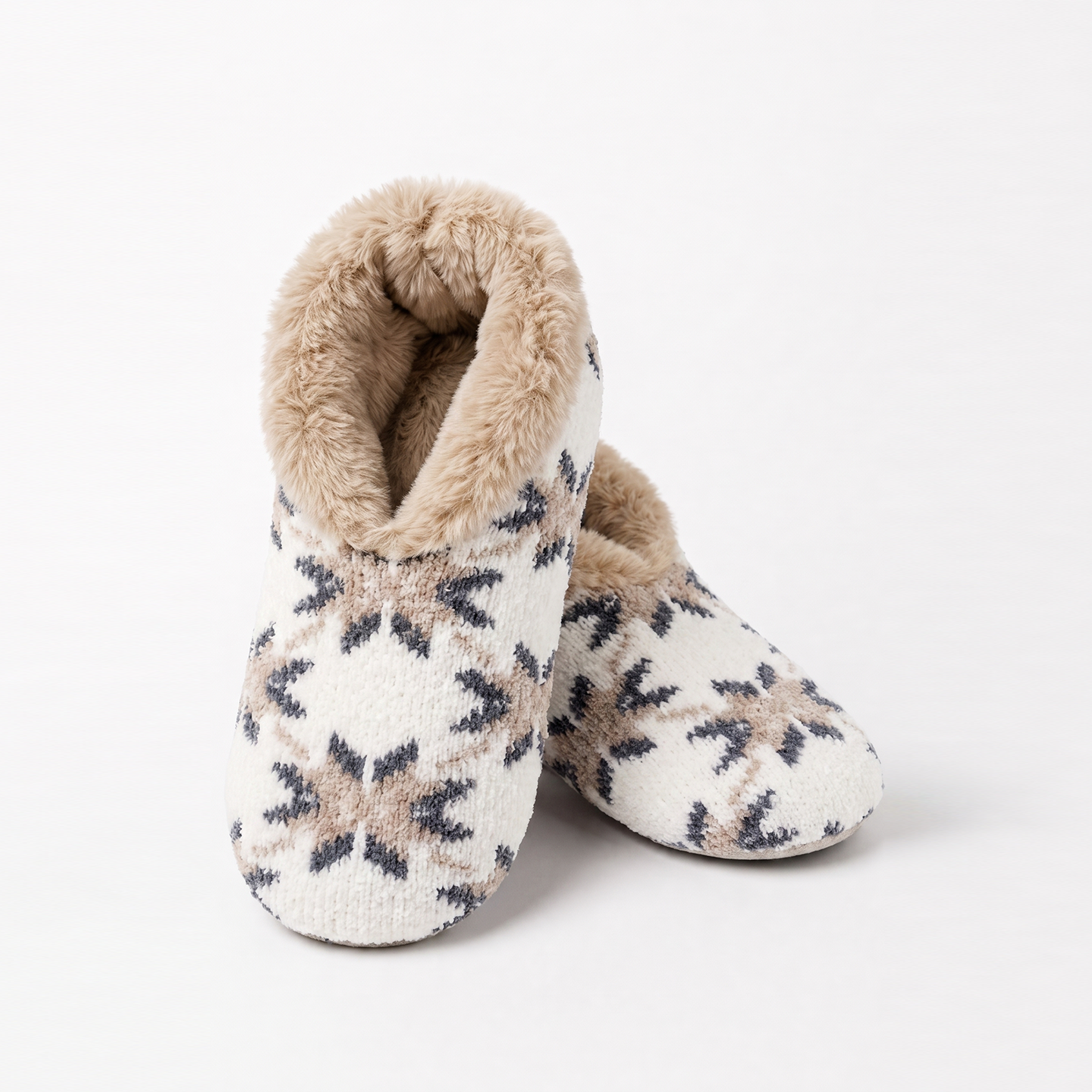 Pashmina -like fur lined slippers - Neroli & Shea Butter Infused w scented plush keychain - wht / gray / tn