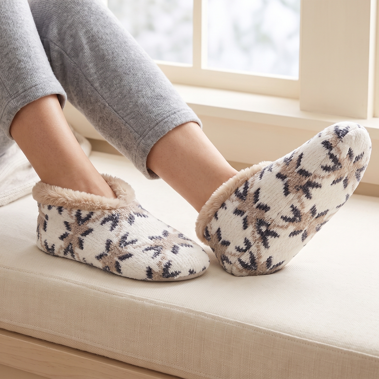 Pashmina -like fur lined slippers - Neroli & Shea Butter Infused w scented plush keychain - wht / gray / tn