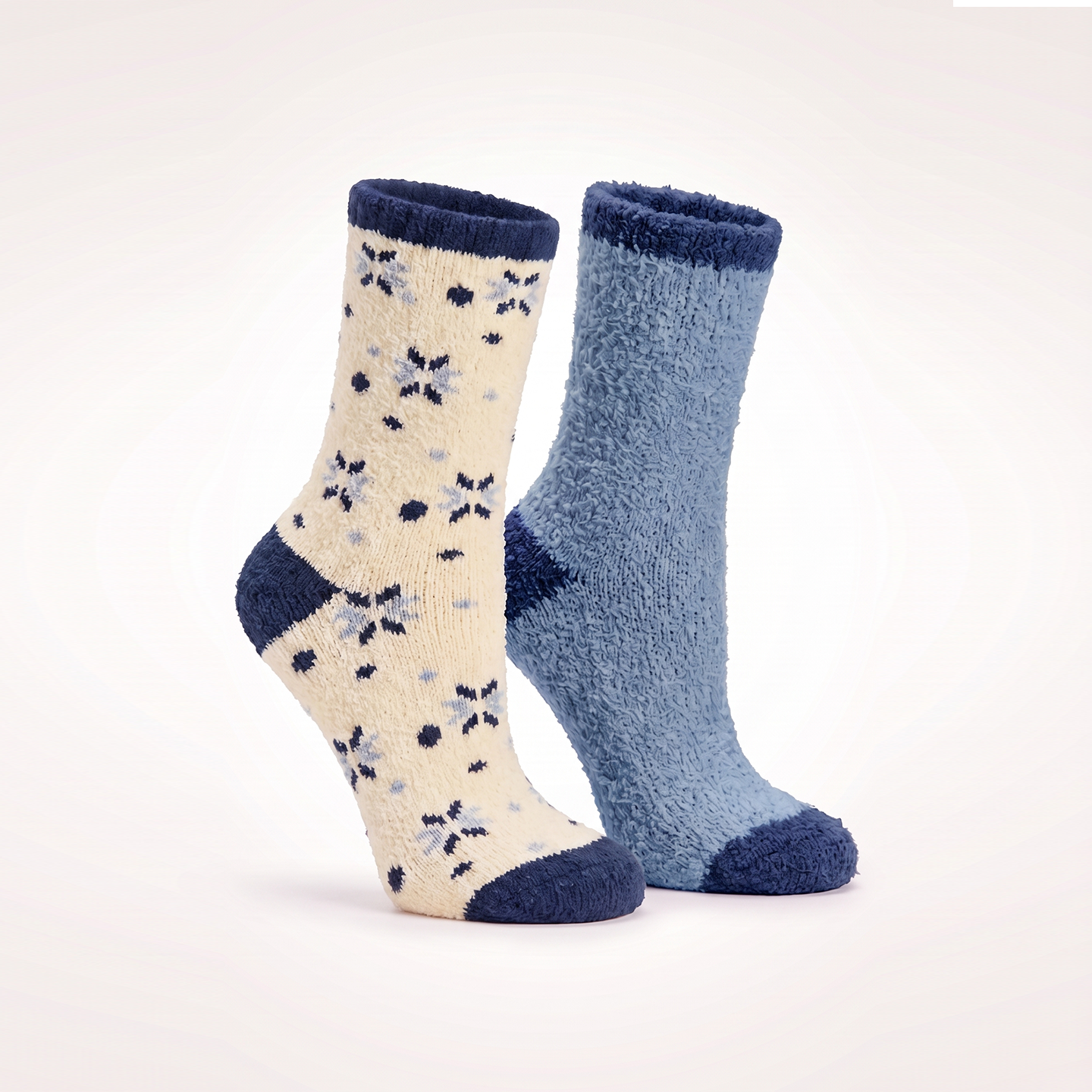 2 pair pack slipper socks Navy snowflake pattern - 1 microdenier 1 chenille