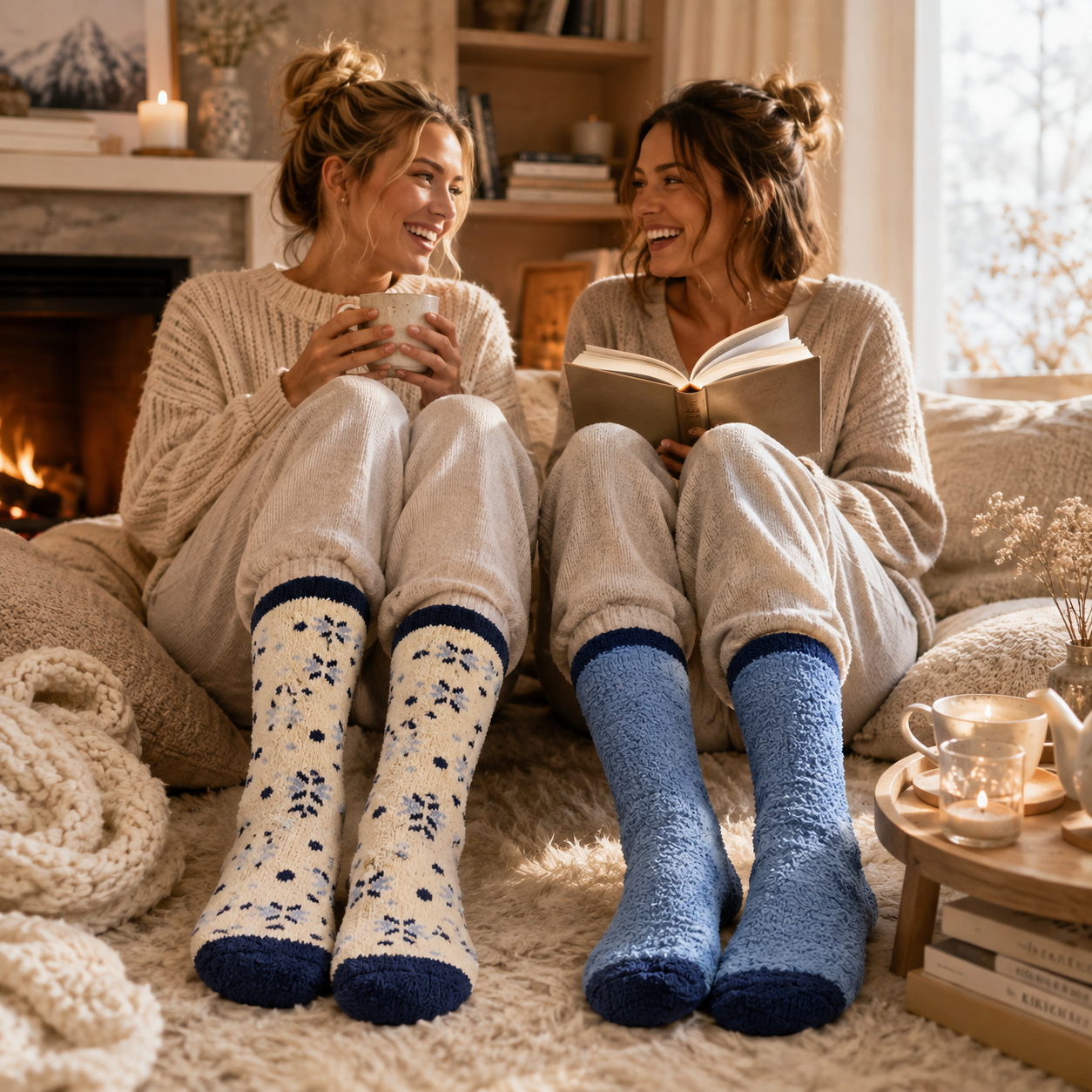2 pair pack slipper socks Navy snowflake pattern - 1 microdenier 1 chenille