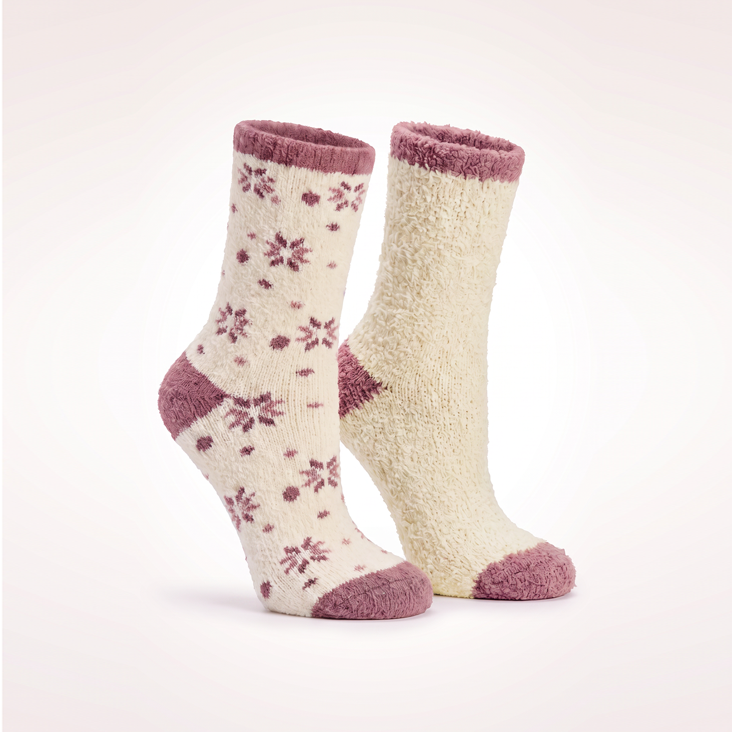 2 pair pack slipper socks Pink Snowflake pattern - 1 microdenier 1 chenille