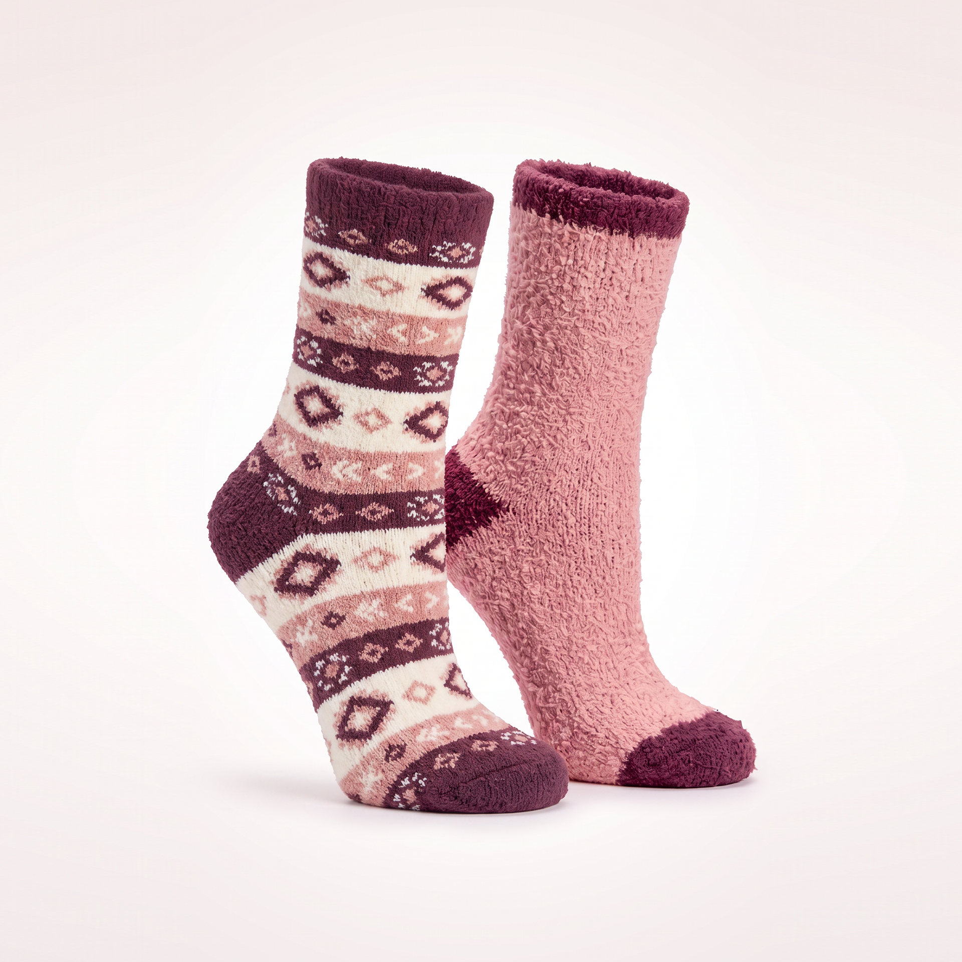 2 pair pack slipper socks Dark red GEO pattern - 1 microdenier 1 chenille
