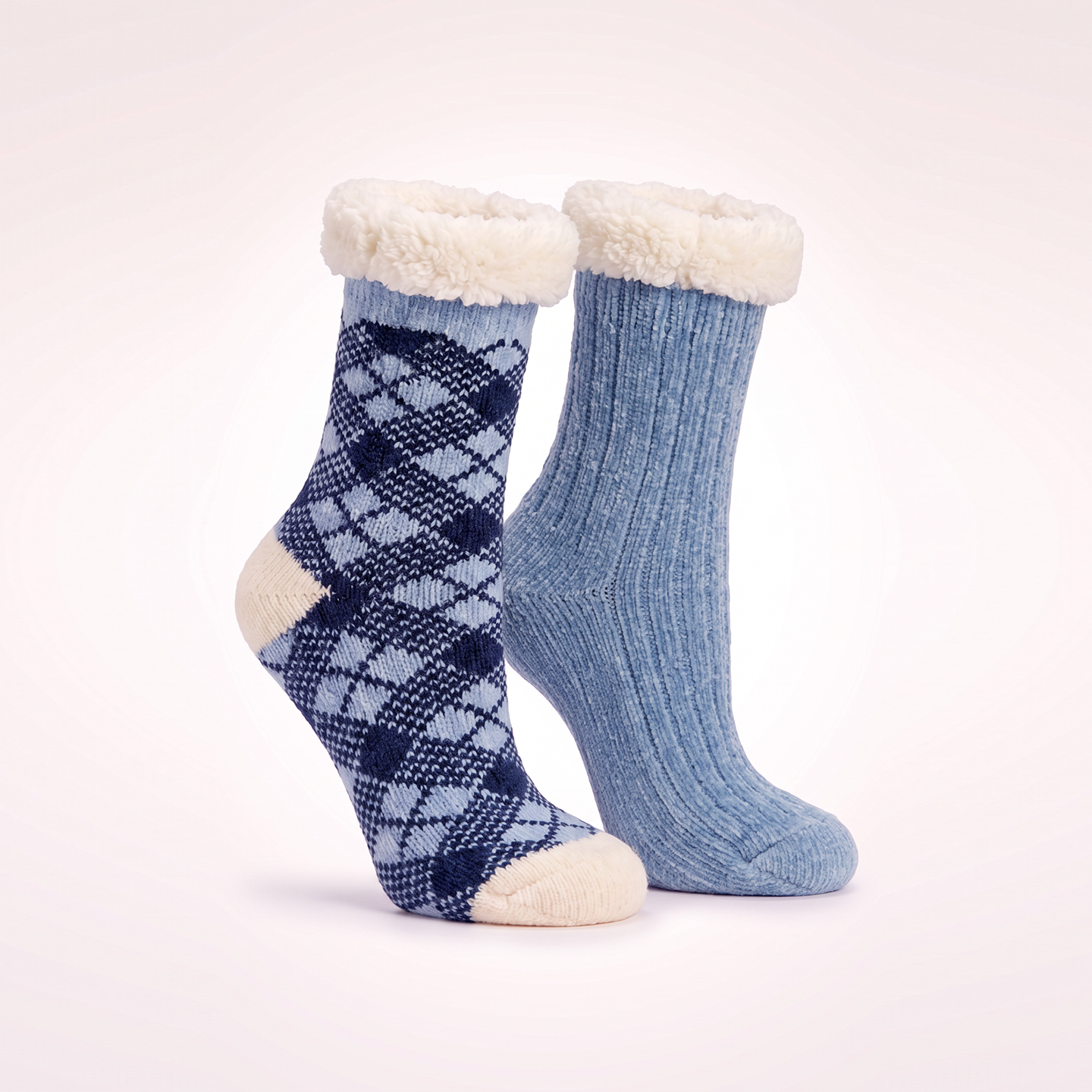 Sherpa Lined Lounge Sock - 2 pair pack - one printed one solid sherpa Shea Butter & Lavender Infused - Navy