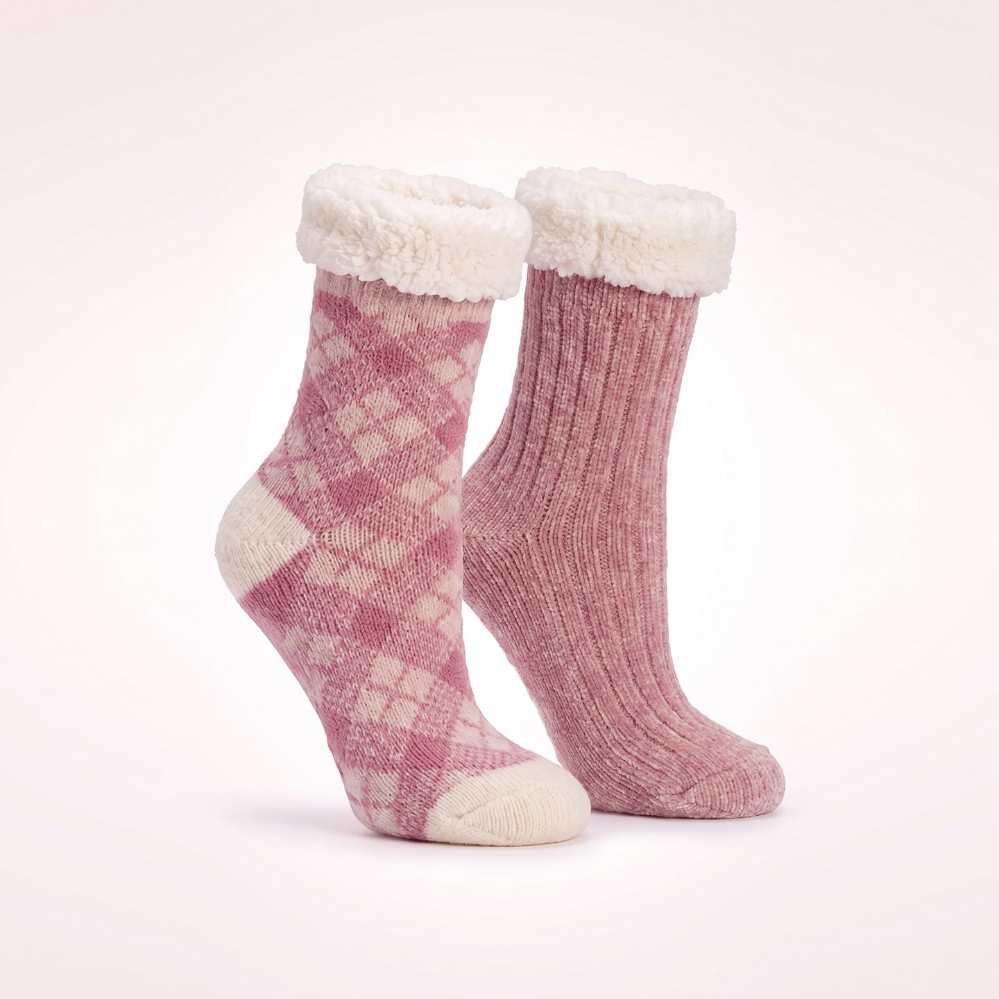 Sherpa Lined Lounge Sock - 2 pair pack - one printed one solid sherpa Shea Butter & Lavender Infused - Pink