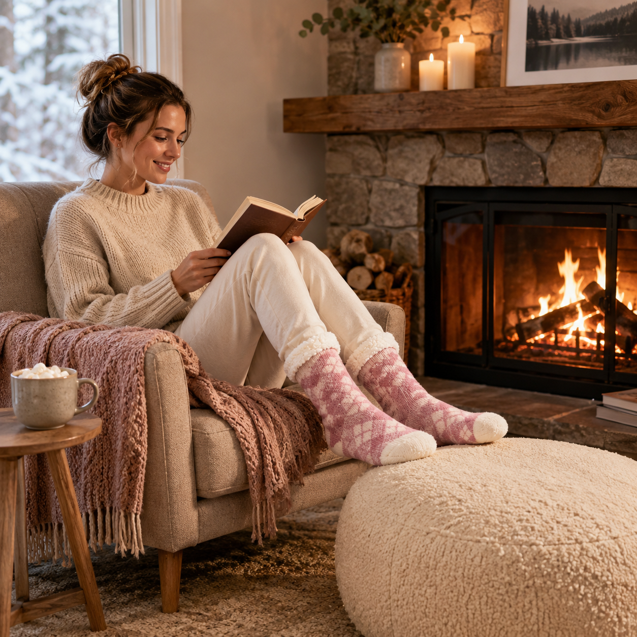 Sherpa Lined Lounge Sock - 2 pair pack - one printed one solid sherpa Shea Butter & Lavender Infused - Pink