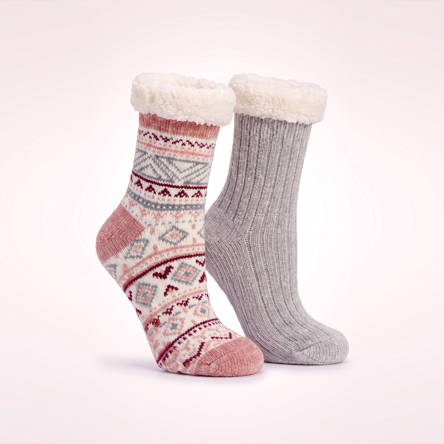 Sherpa Lined Lounge Sock - 2 pair pack - one printed one solid sherpa Shea Butter & Lavender Infused - GEO Pink
