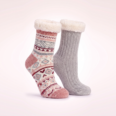Sherpa Lined Lounge Sock - 2 pair pack - one printed one solid sherpa Shea Butter & Lavender Infused - GEO Pink