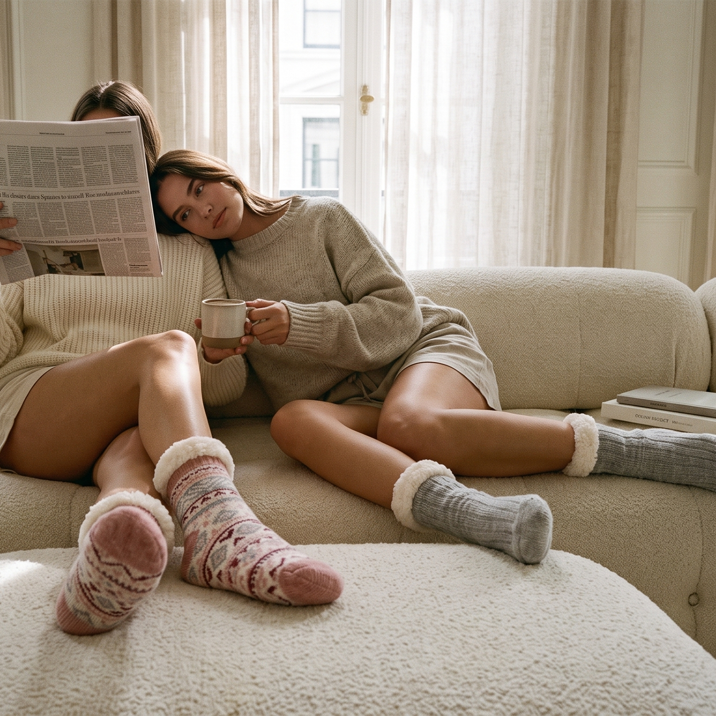 Sherpa Lined Lounge Sock - 2 pair pack - one printed one solid sherpa Shea Butter & Lavender Infused - GEO Pink